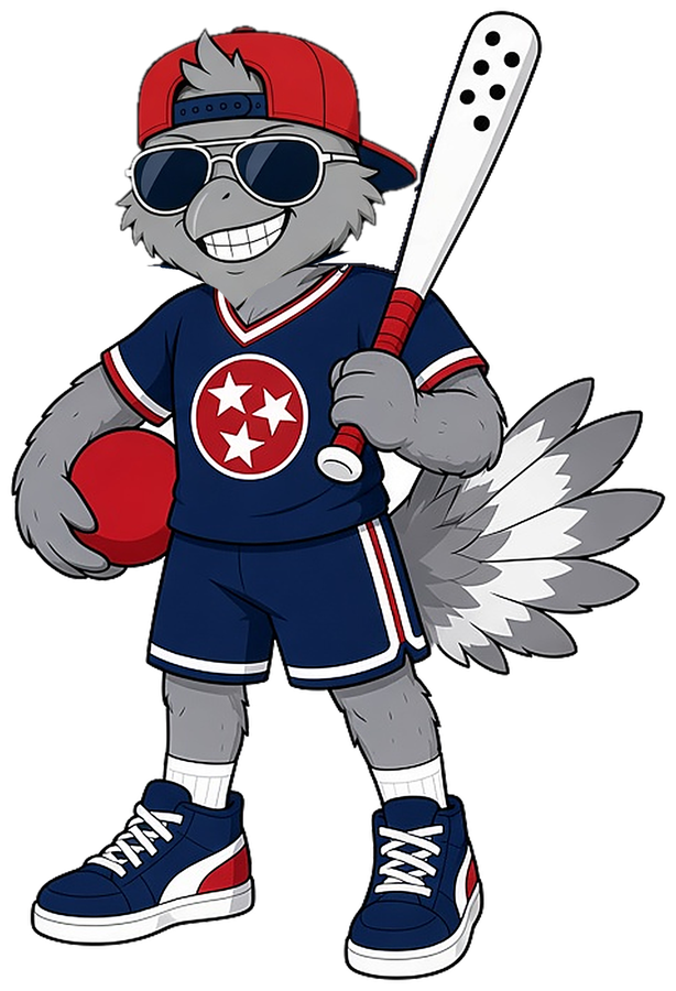 Mojo the mockingbird, The Boro SSC mascot, with a bat on his shoulder