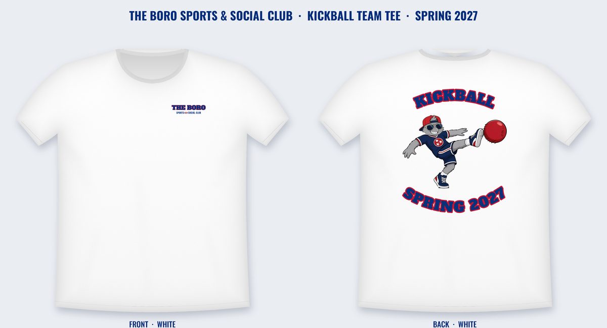 Example Boro team shirt: wordmark on the front chest; Mojo playing the sport on the back with the sport name and season